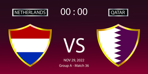 Soccer world cup 2022. Netherlands vs Qatar. Group stage match 36. Vector illustration. eps 10