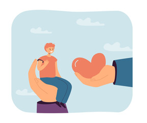 Huge hand giving heart to happy boy flat vector illustration. Love, tenderness, care, cooperation, friendship, hope, assistance concept for banner, website design or landing web page