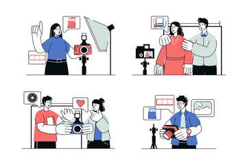 Photo studio concept set in flat line design. Men and women work as photographers and make professional photography, models pose for photo shoot. Vector illustration with outline people scene for web