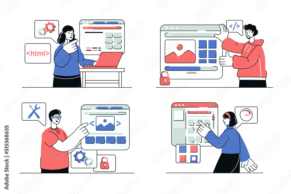 Poster web designer concept set in flat line design. men and women working on ui ux layout for mobile appli