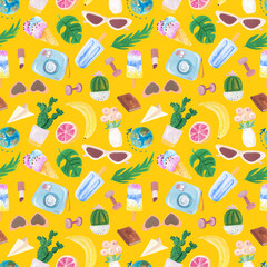Cartoon summer seamless pattern. Travel objects