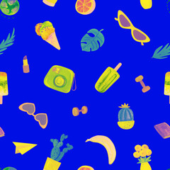 Cartoon summer seamless pattern. Travel objects