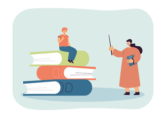 Teacher and pupil sitting on huge pile of books. Female teacher with pointer and book giving lesson flat vector illustration. Education, school concept for banner, website design or landing web page