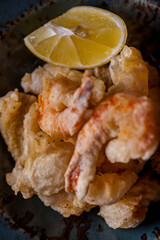 Tempura seafood with a glass of white wine