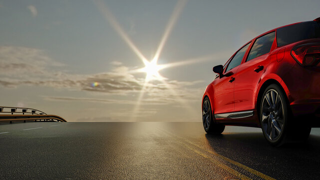 Red car sedan rides on the road towards the sun, concept for advertising. 3D illustration.
