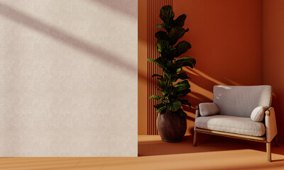 Home interior with armchair and flower, light living room in orange tones. 3D illustration.