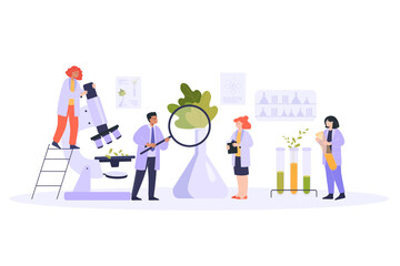 Scientists examining plants in lab flat vector illustration. Man and women researching plants in laboratory using magnifier and microscope. Science, chemistry, technology concept