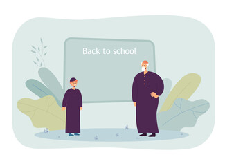 Muslim teacher and pupil standing near blackboard. Arab man giving lesson at school flat vector illustration. Education, knowledge, study concept for banner, website design or landing web page