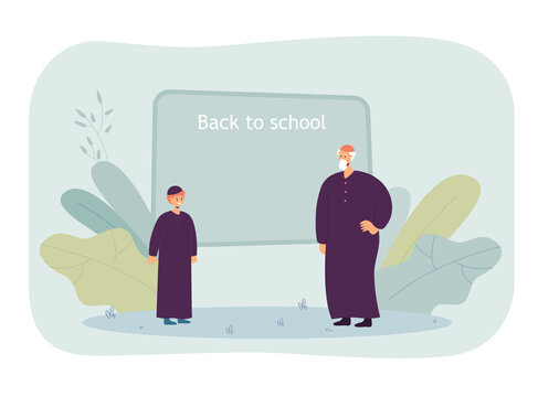 Muslim teacher and pupil standing near blackboard. Arab man giving lesson at school flat vector illustration. Education, knowledge, study concept for banner, website design or landing web page