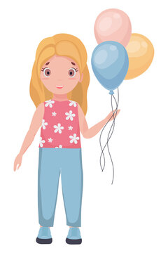 Vector illustration of a Girl holding balloons in her hand. Cartoon illustration in a flat style.