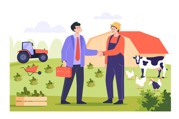 Farmer and businessman shaking hands flat vector illustration. Men making deal in farm, negotiating organic food delivery. Partnership, agreement, contract, village concept