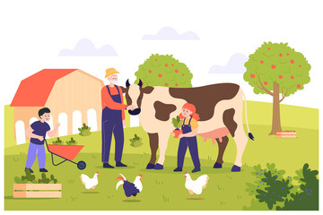 Grandfather and kids working at farm flat vector illustration. Old farmer taking care of cow, grandkids gardening, helping granddad. Agriculture, family, farming, harvest, summer concept - obrazy, fototapety, plakaty