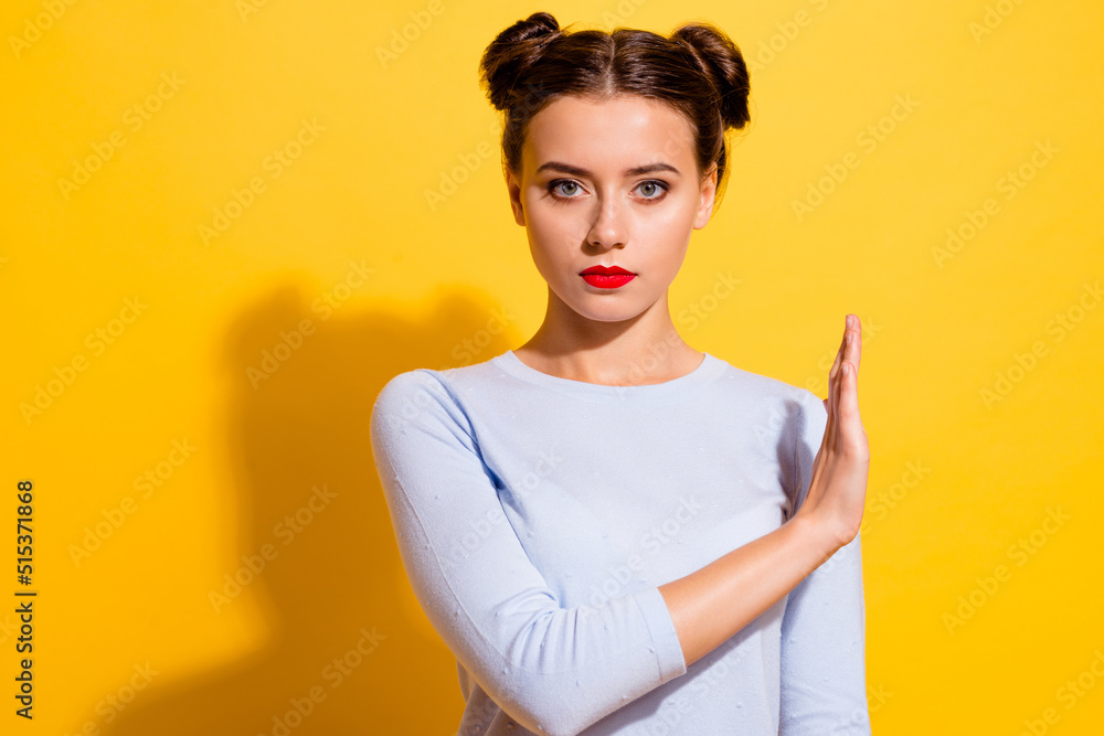 Wall mural photo of strict lady showing stop sign empty space make refusal blocking way isolated bright color b