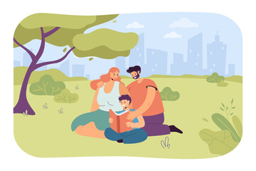 Obraz na płótnie Canvas Happy family sitting together on lawn flat vector illustration. Mother, father and son hugging and reading book in park. Recreation, education concept for banner, website design or landing web page