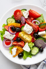 Overhead view of Greek salad details tomatoes feta olive