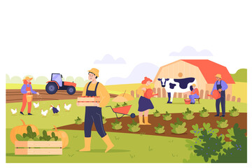 Farmers working on farm field flat vector illustration. People or workers reaping harvest, picking organic vegetables, milking cow, feeding chickens. Countryside, farmland, agriculture concept