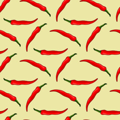 Seamless pattern with red hot peppers on light yellow background. Vector image.