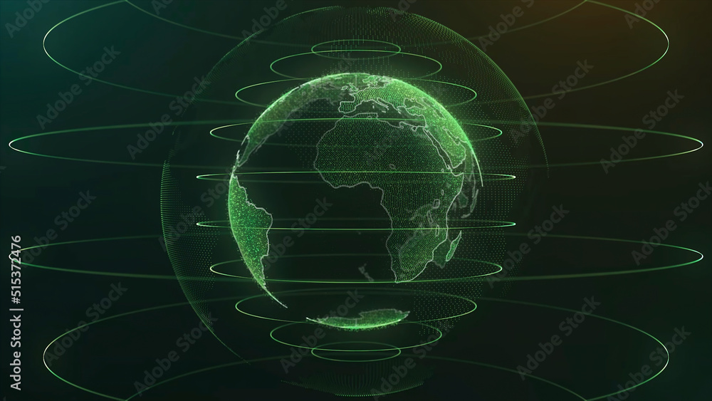 Aufkleber animation globe with dot world map hud and infographic graph bar element spin on dark background. an