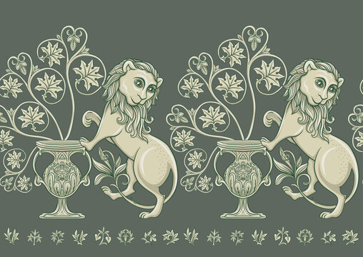 Byzantine traditional historical motifs of animals, birds, flowers and plants Seamless border pattern, linear ornament, ribbon in green. Vector illustration.
