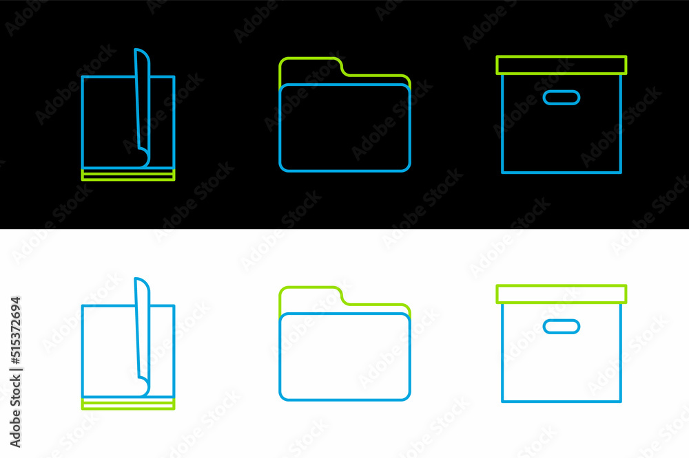 Poster set line carton cardboard box, file document and document folder icon. vector