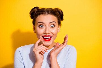 Photo of crazy overjoyed female go shopping see new fashionable shop isolated on yellow color background