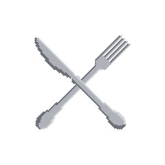 Crossed fork and knife vector icon. Pixel art. 8 bit logo for game. eps10