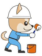 ヘルメットを被り、手にローラーを持った作業着姿の柴犬の横向きイラスト