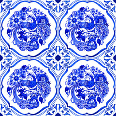 Watercolor blue and white tiled seamless pattern. Traditional Chinoiserie floral motif with fantasy bird among flowers, cobalt blue on white background. Wallpaper. Textile print. - 515373225