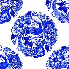 Watercolor blue and white seamless pattern. Traditional Chinoiserie floral motif with fantasy bird and flowers, cobalt on white background. Wallpaper. Textile print. - 515373226