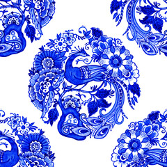 Watercolor blue and white seamless pattern. Traditional Chinoiserie floral motif with fantasy bird among flowers, cobalt blue on white background. Wallpaper. Textile print. - 515373227