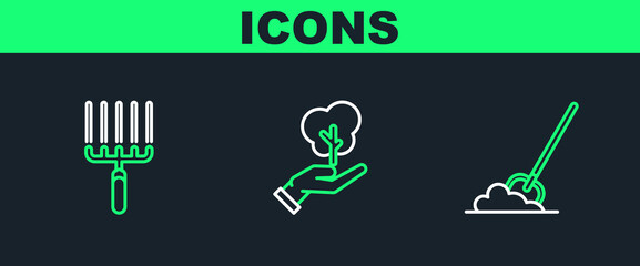 Set line Shovel in the ground, Garden rake work and Tree hand of environmental protection icon. Vector