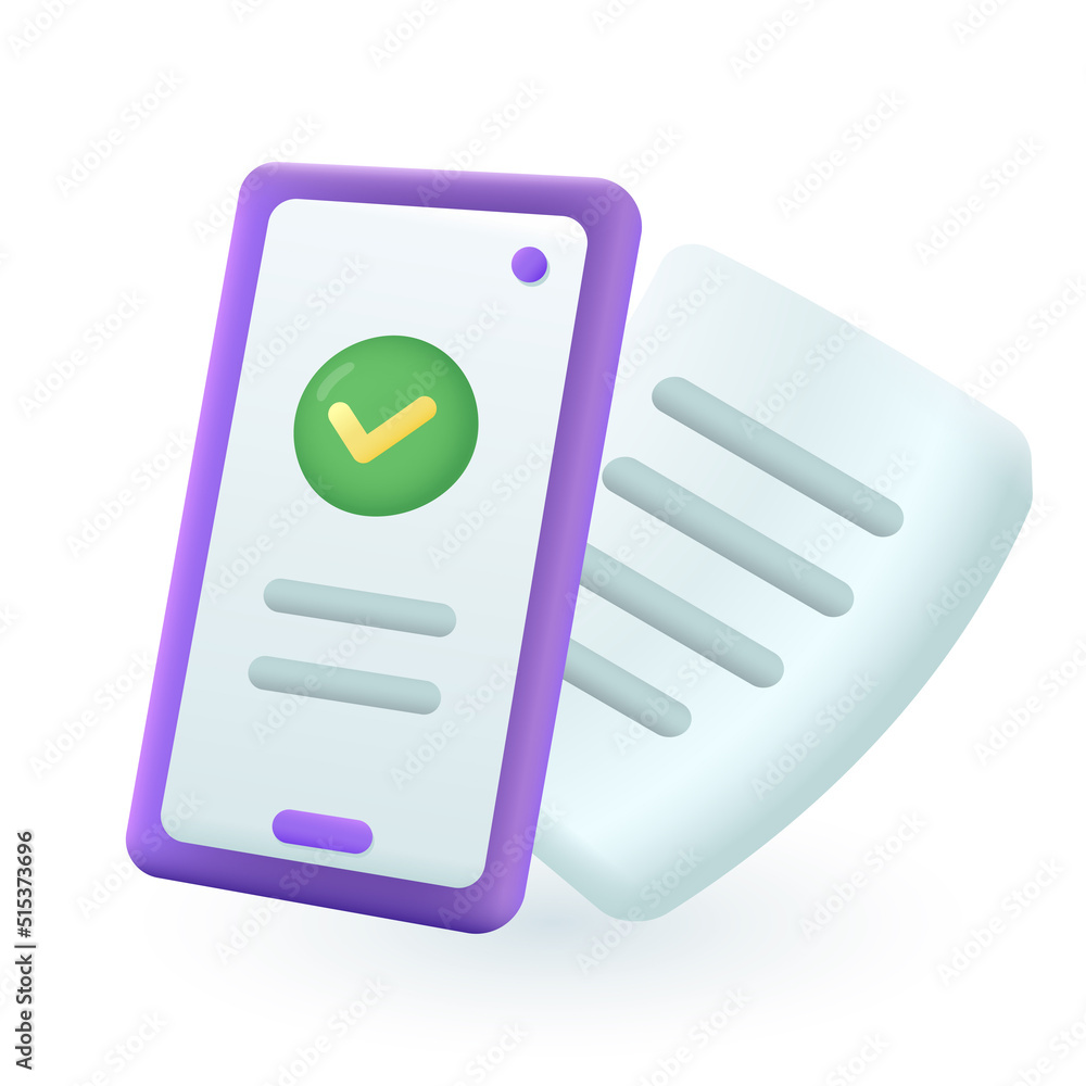 Poster 3d cartoon style checkmark on phone screen icon. success message notification or document scanning o