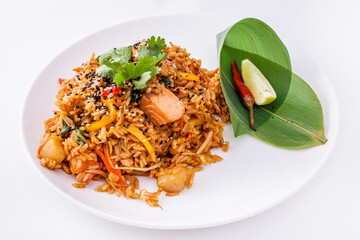 Rice wok with salmon and scallop