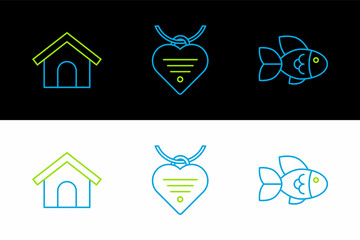 Set line Fish, Dog house and Collar with name tag and heart icon. Vector