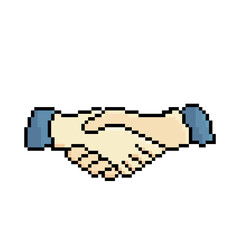 Fototapeta premium Handshake vector icon with black stroke. Pixel art. 8 bit logo. eps10