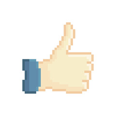 Like, thumb up vector icon. Pixel art. 8 bit logo. eps10