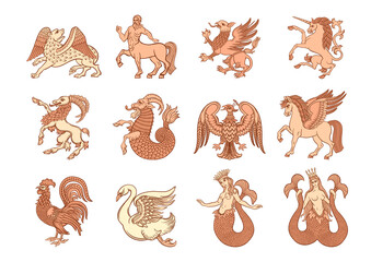 Heraldic mythical animals and creatures. Traditional character styles for coats of arms and shields. Clip art, set of elements for design Vector illustration.