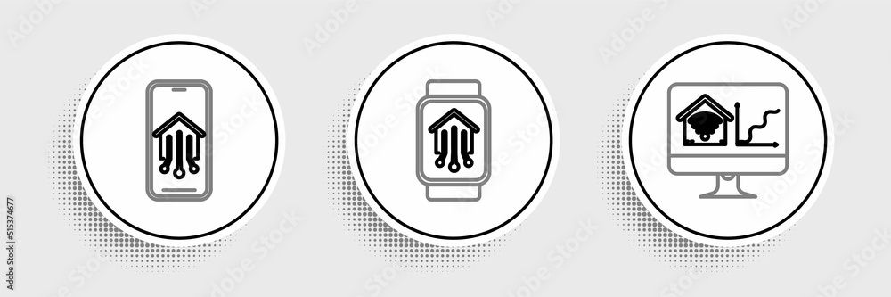 Aufkleber set line computer monitor with smart home with wi-fi, mobile phone and smart watch icon. vector
