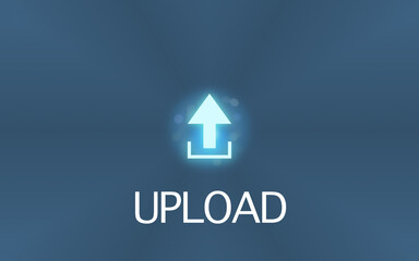 illustrated glowing upload arrow icon with light dots around and lettering 