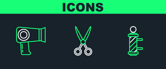 Set line Classic Barber shop pole, Hair dryer and Scissors hairdresser icon. Vector