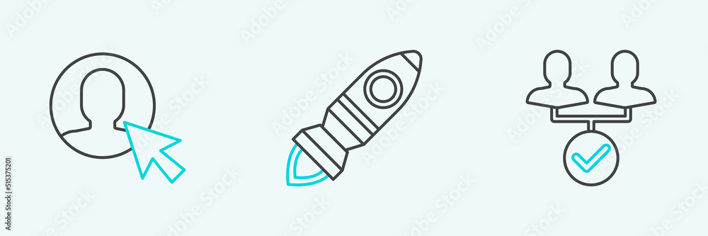 Poster set line project team base, user of man in business suit and rocket ship with fire icon. vector