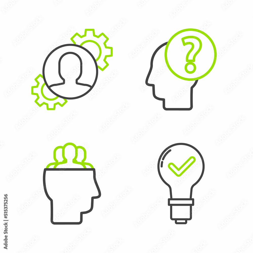Poster set line light bulb and check mark, project team base, human head with question and gear inside icon