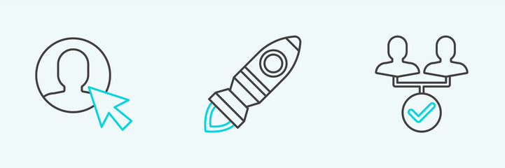 Set line Project team base, User of man in business suit and Rocket ship with fire icon. Vector
