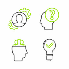 Set line Light bulb and check mark, Project team base, Human head with question and gear inside icon. Vector