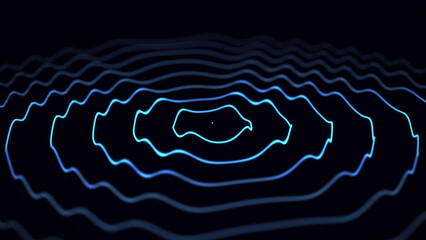 Digital vibration and sound wave. Circle blue pulse wave with points and particles on the dark background. 3D rendering.