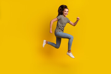 Fototapeta na wymiar Full length body size photo of jumping high female student overjoyed run isolated on bright shine color background