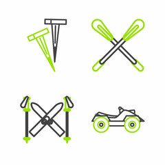 Set line All Terrain Vehicle or ATV motorcycle, Ski and sticks, Crossed paddle and Pegs for tents icon. Vector