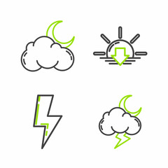 Set line Storm, Lightning bolt, Sunset and Cloud with moon and stars icon. Vector