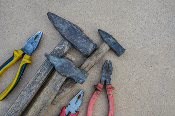 Work Tool DIY Vintage carpenter tools on rustic wooden table, Hand Tool