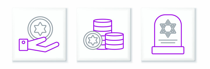 Set line Tombstone with star of david, Jewish coin hand and icon. Vector